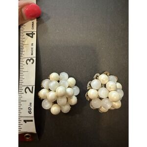 Vintage White Bead Cluster Clip On Earrings Mid Century Statement Jewelry